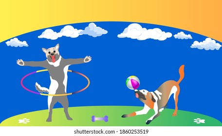 El Concepto De Jugar Perros. Perros dedicados a divertidas actividades lúdicas; juegos de aro y bola.
