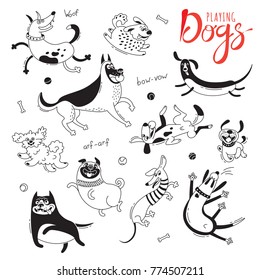 Playing dogs. Funny lap-dog, happy pug, mongrels and other breeds. Set of isolated vector drawings for design.