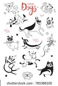 Playing dogs. Funny lap-dog, happy pug, mongrels and other breeds. Set of isolated vector drawings for design.