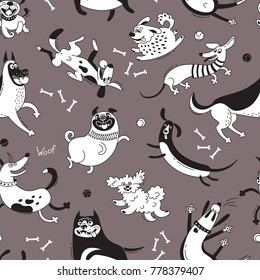 Playing dogs seamless pattern. Funny lap-dog, happy pug, mongrels and other breeds. Vector background for design.