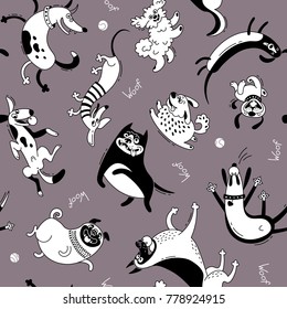 Playing dogs seamless pattern. Funny lap-dog, happy pug, mongrels and other breeds. Vector background for design.