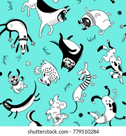 Playing dogs seamless pattern. Funny lap-dog, happy pug, mongrels and other breeds. Vector background for design.