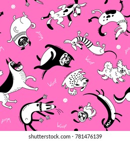 Playing dogs seamless pattern. Funny lap-dog, happy pug, mongrels and other breeds. Vector background for design.