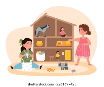 Playing with dolls playhouse. Girls with toys, rabbit, horse, elephant and train. Joint entertainment, girlfriends spend time together. Little kids on carpet floor. Cartoon flat vector illustration