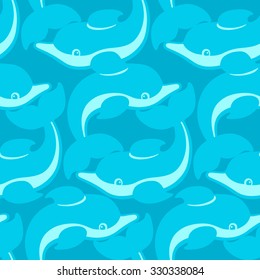 Playing dolphins cartoon drawing. Wallpaper textile seamless pattern