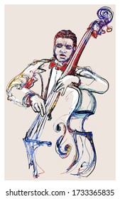 playing double bass . Classical musician jazz bassist - vector illustration  