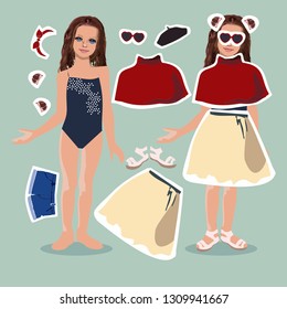 Playing dress paper doll in a bathing suit with a set of clothes: a skirt, sunglasses, shorts, beret, bezel, shoes-vector