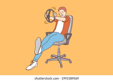 Playing driver and imagination concept. Young smiling boy cartoon character sitting and imagining himself driver holding wheel in hands over yellow background vector illustration 