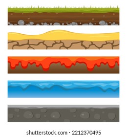 Playing environment: landscape. Ground, soil, water surface, for custom games. game platform. Vector illustration of earth, sandy lava