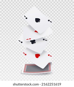 Playing falling cards. Deck and lucky combination. Advertising poster and graphic elements to decorate website. Online games and gambling. Poker or blackjack. Realistic isometric vector illustration