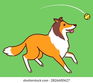 Playing fetch. Cute cartoon Rough Collie running after tennis ball. Funny dog drawing, vector clip art illustration.