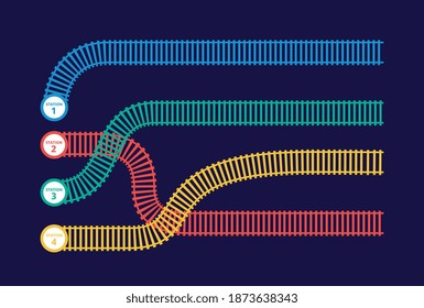 Playing field for board game design with tangled and twisted railway tracks, flat cartoon vector illustration isolated on dark background. Colorful railroad pathes.