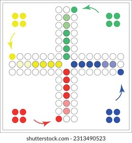 The playing field for Ludo, a strategic board game for two to four players in which players play their four tokens from start to finish according to the rolls of a single Die