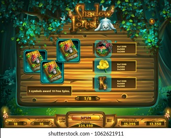 Playing field slots game for game user interface. Vector illustration screen to the computer game Shadowy forest GUI. Background image to create buttons, banners, graphics.