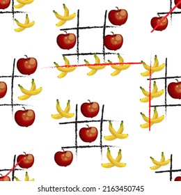 Campo de juego en patrón vectorial.Juego de tac-tac-pie hecho de manzanas y plátanos en un fondo transparente en un patrón vectorial.