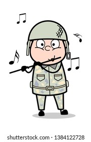 Playing Flute - Cute Army Man Cartoon Soldier Vector Illustration