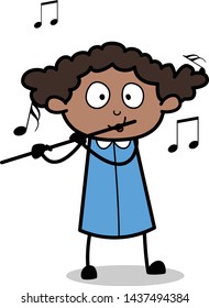 Playing Flute - Retro Black Office Girl Cartoon Vector Illustration