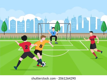 Playing Football with Boys Play Soccer Wear Sports Uniform Various Movements Such as Kicking, Holding, Defending, Parrying and Attacking in Field. Vector Illustration