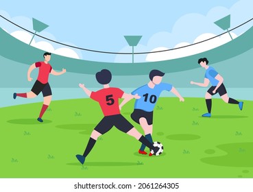 Playing Football with Boys Play Soccer Wear Sports Uniform Various Movements Such as Kicking, Holding, Defending, Parrying and Attacking in Field. Vector Illustration