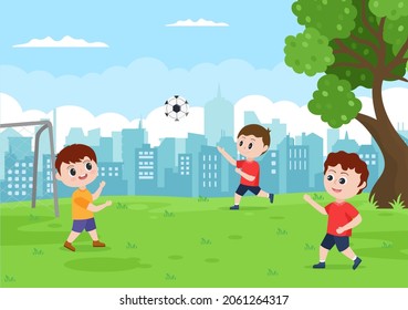 Playing Football with Boys Play Soccer Wear Sports Uniform Various Movements Such as Kicking, Holding, Defending, Parrying and Attacking in Field. Vector Illustration