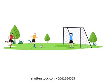 Playing Football with Boys Play Soccer Wear Sports Uniform Various Movements Such as Kicking, Holding, Defending, Parrying and Attacking in Field. Vector Illustration