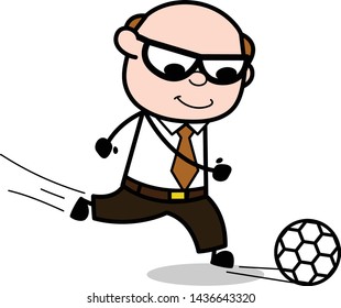 Playing Football - Retro Cartoon Father Old Boss Vector Illustration