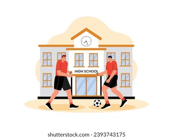 Playing football in the school yard with classmates during sports hour, vector illustration.