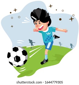 playing football vector illustration. boy running and kicking ball in football field