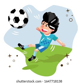 playing football vector illustration. boy jumping and kicking ball in football field