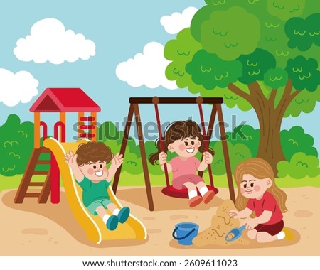 Playing with friends in the playground during the day. A boy on a slide, a girl on a swing, and a girl on the sand