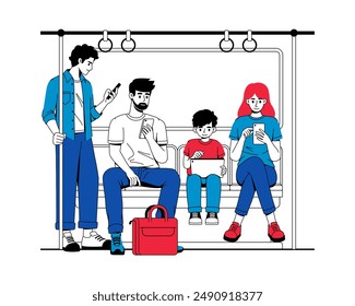 Playing gadgets while riding public transport. Concept illustration highlighting gadgets and social media addiction