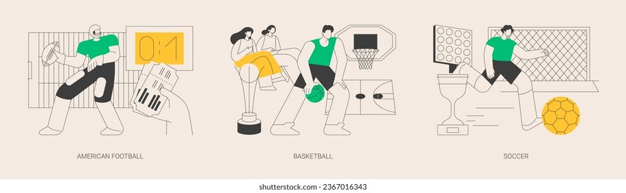 Juego de ilustraciones vectoriales de concepto abstracto de juego. fútbol americano, baloncesto y fútbol, touchdown, campo de entrenamiento, liga profesional, campeonato mundial, metáfora abstracta del campo de césped.