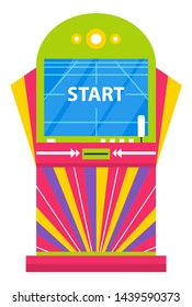 Playing game machine vector, isolated machinery to entertain. Electronic device with start saying on screen. Computer with monitor and gaming control