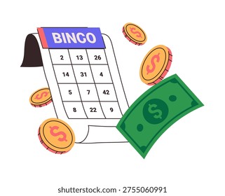 Playing game and winning money. Vector isolated table with numbers, lottery or bingo. Award dollars, banknotes and coins. Casino and vegas jackpot and lucky fortune prize for player of keno