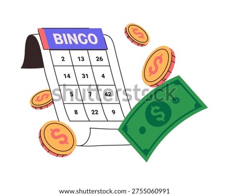 Playing game and winning money. Vector isolated table with numbers, lottery or bingo. Award dollars, banknotes and coins. Casino and vegas jackpot and lucky fortune prize for player of keno