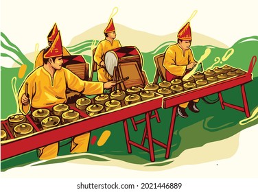 
Playing gamelan instruments in the fields of West Sumatra