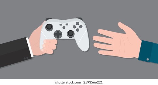 Playing games concept. Online gaming, seller give joystick for buyer. Human hand give game controller to another player or friend. Account access, cyber sport competition. flat vector illustration