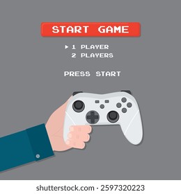 Playing games concept. Online gaming, player with joystick. Human hand holding game controller. Account access, cyber sport competition. Start gaming, red and white buttons. flat vector illustration