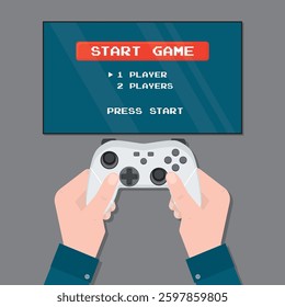 Playing games concept. Online gaming, player with joystick. Human hands holding game controller. Account access, cyber sport competition. Start gaming, red and white buttons. flat vector illustration