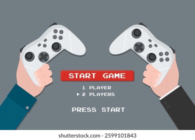 Playing games concept. Online gaming, two players with joysticks. Human hands holding game controllers. Account access, cyber sport competition. Start game, red and white buttons. vector illustration