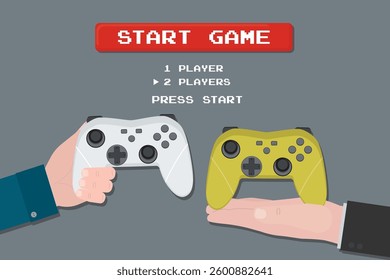 Playing games concept. Online gaming, two players with joysticks. Human hands holding game controllers. Account access, cyber sport competition. Start game, red and white buttons. vector illustration
