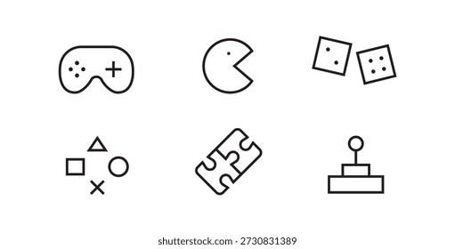 Ícone de entretenimento divertido, Vídeo e jogos digitais interativos como uma linha de atividade de lazer popular e pacote de conjunto de ícones planos, traço editável isolado no branco, ilustração de contorno vetorial linear, estilo de design de logotipo de símbolo