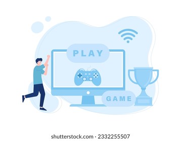 Playing games on the computer trending concept flat illustration