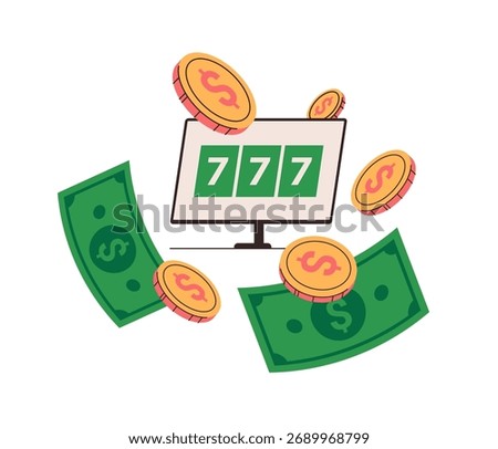 Playing games on money, isolated computer with online application or site for gambling. Vector winning wealth in bingo and lottery, slot machines and roulette, poker and bingo, advertisement