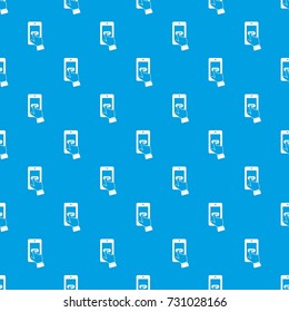 Playing games on smartphone pattern repeat seamless in blue color for any design. Vector geometric illustration