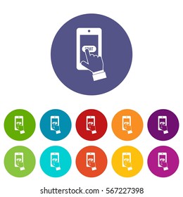 Playing games on smartphone set icons in different colors isolated on white background