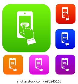 Playing games on smartphone set icon in different colors isolated vector illustration. Premium collection