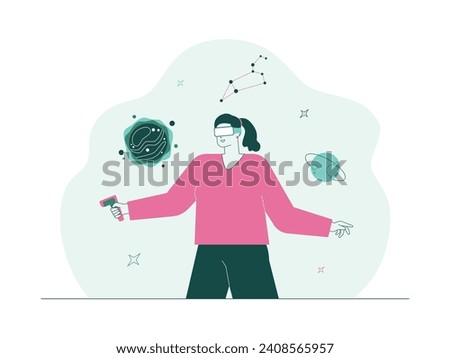 Playing games in space with 3d technology, meta verse vector illustration.