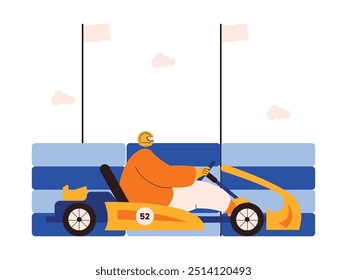 Playing go kart in special area, challenging outdoor activity, extreme sports vector illustration.