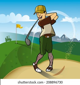 Playing a golf. Cheerful young golfer hitting a ball on the golf curse. Silhouette of a golf cart and mountains in the background.